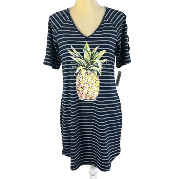 Jessica Simpson Striped Pineapple Graphic T-Shirt‎ Dress Casual Medium Navy Blue - Picture 1 of 15